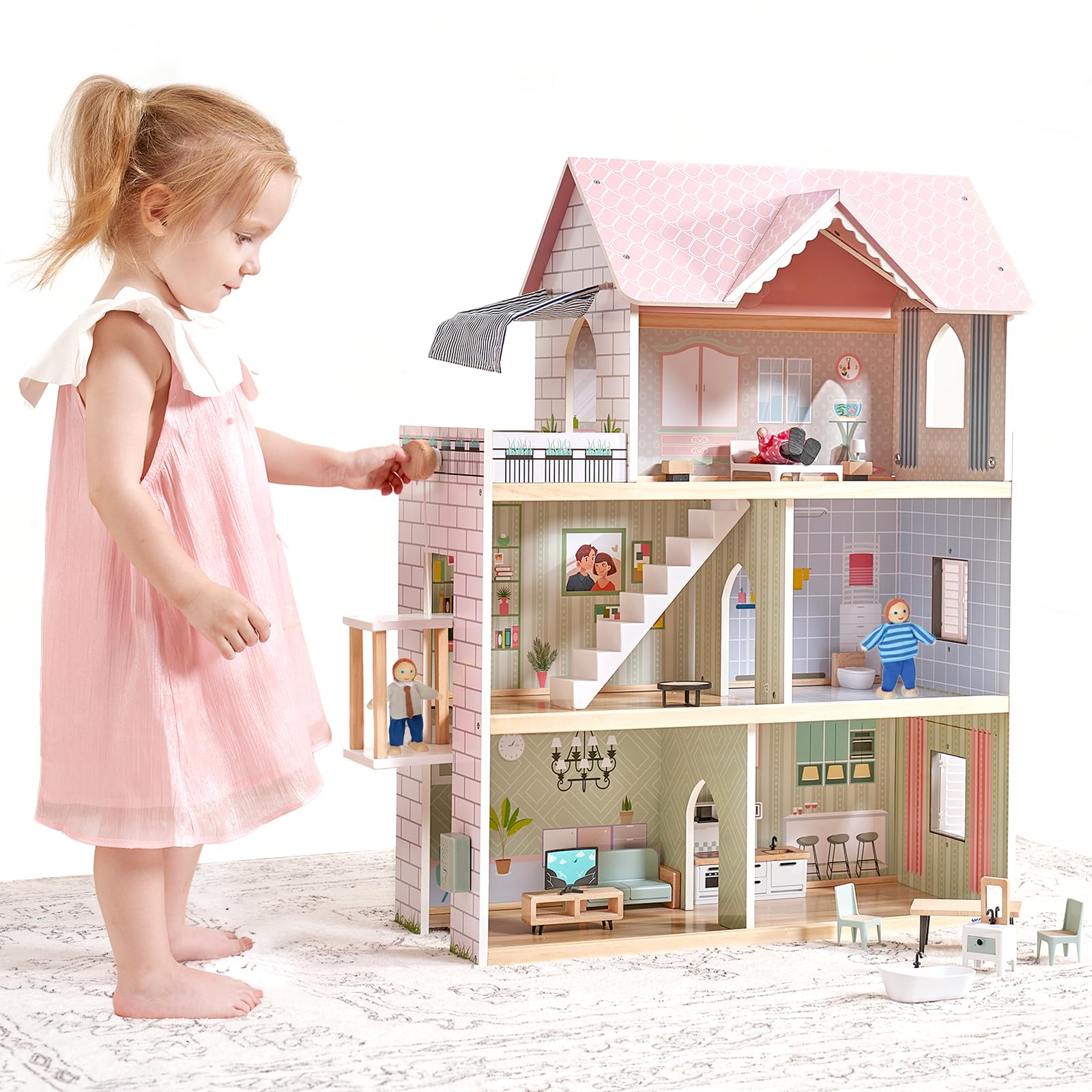 Amazon | ピンクの木製ドールハウス 家具セット 女の子用 高さ3